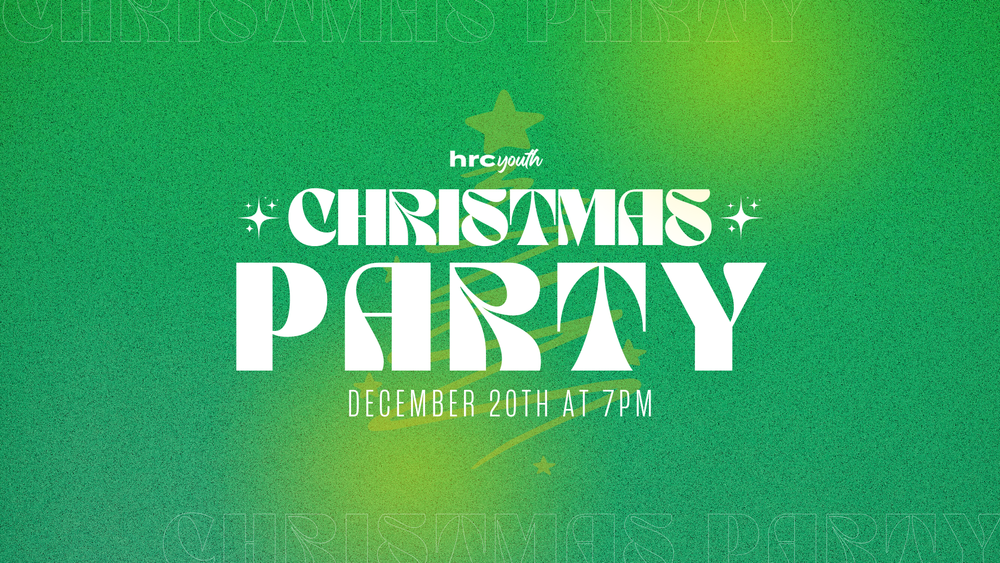 Green Christmas party announcement banner with retro-style typography.