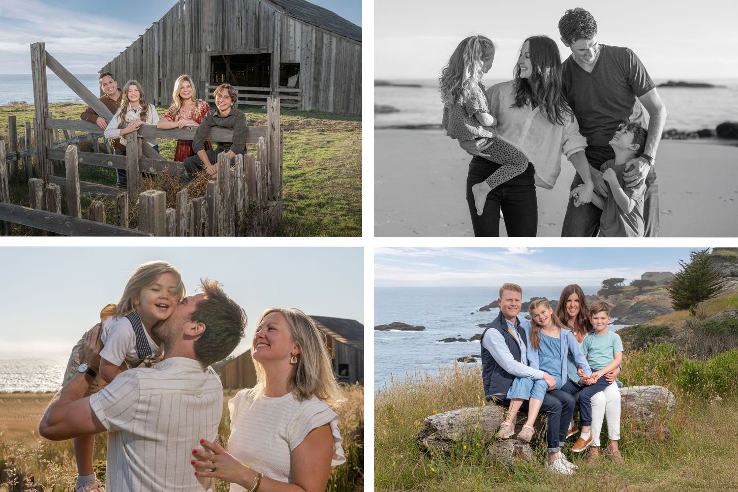 Collage of outdoor family moments showing hiking, beach walks and scenic coastal views.