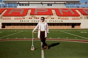 Six sequential photos show athletic performance testing and training drills on a football field in stadium setting.