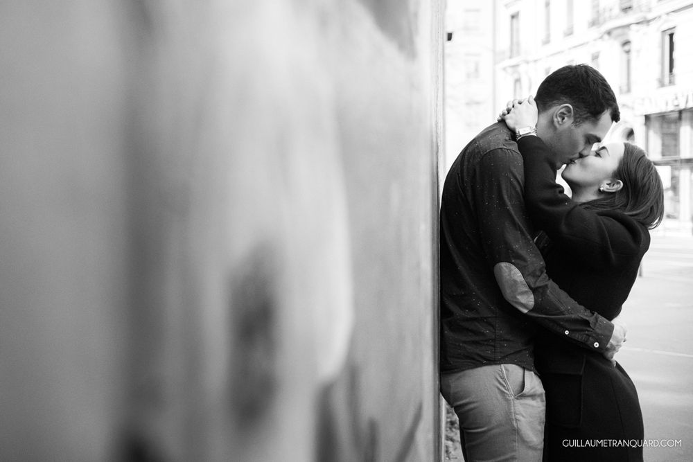 Romantic black and white street photography with soft focus.