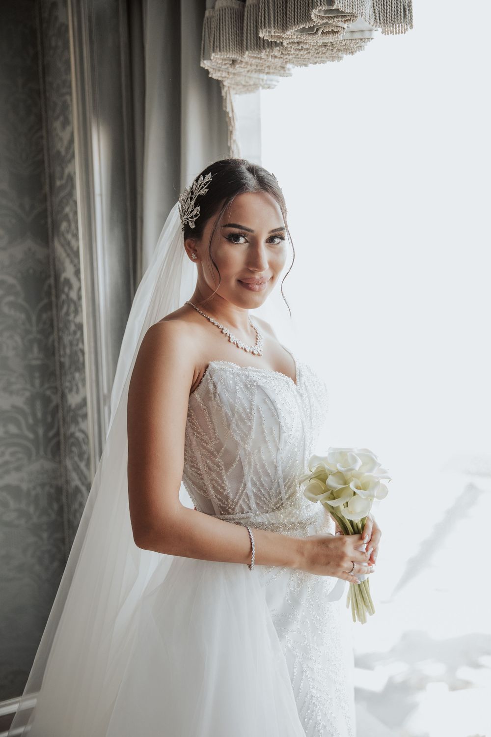 Natural light bridal portrait featuring intricate lace gown and crystal hair piece.