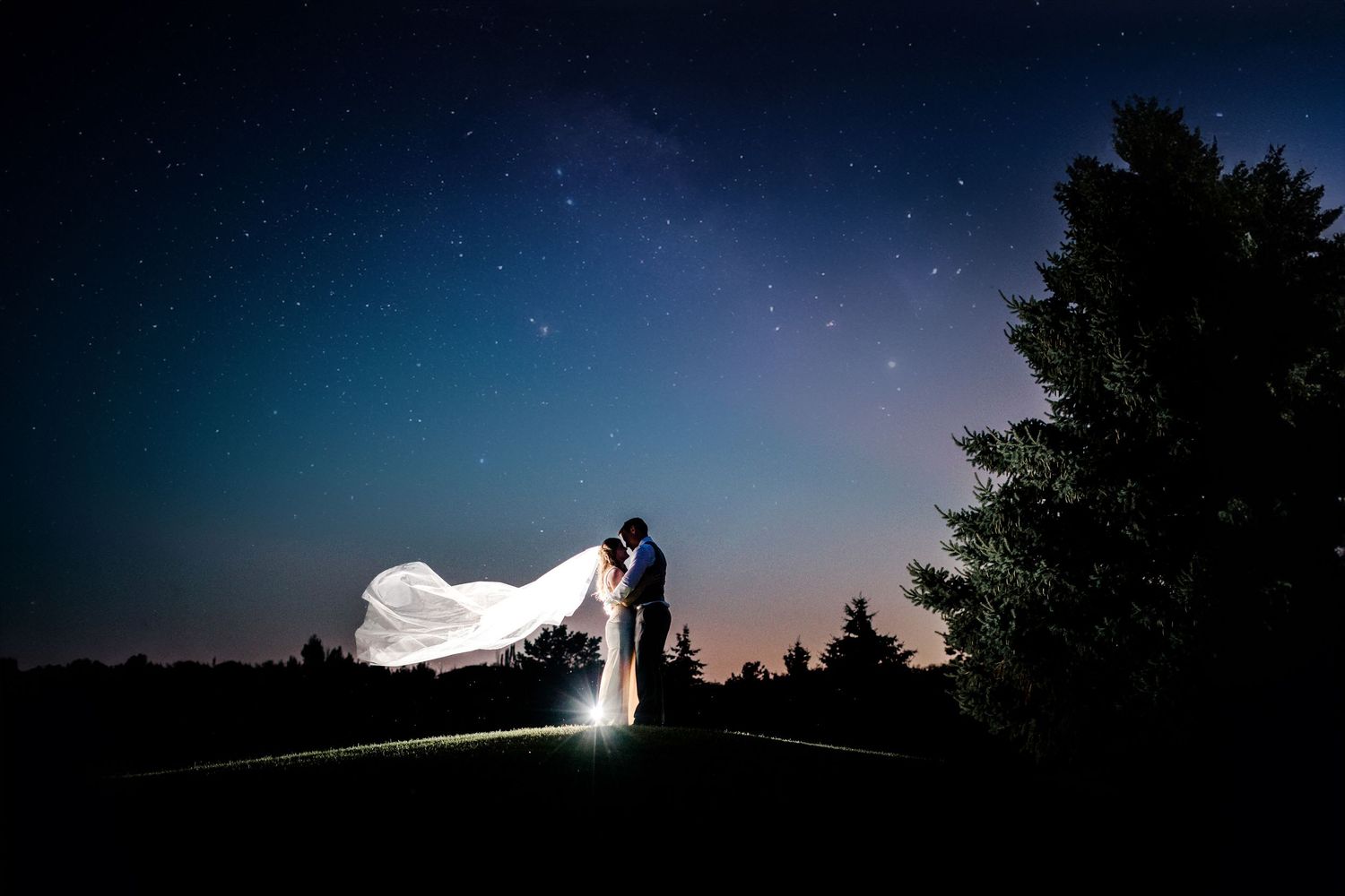 Silhouetted figures with a flowing white veil against a starry twilight sky with trees in the background.