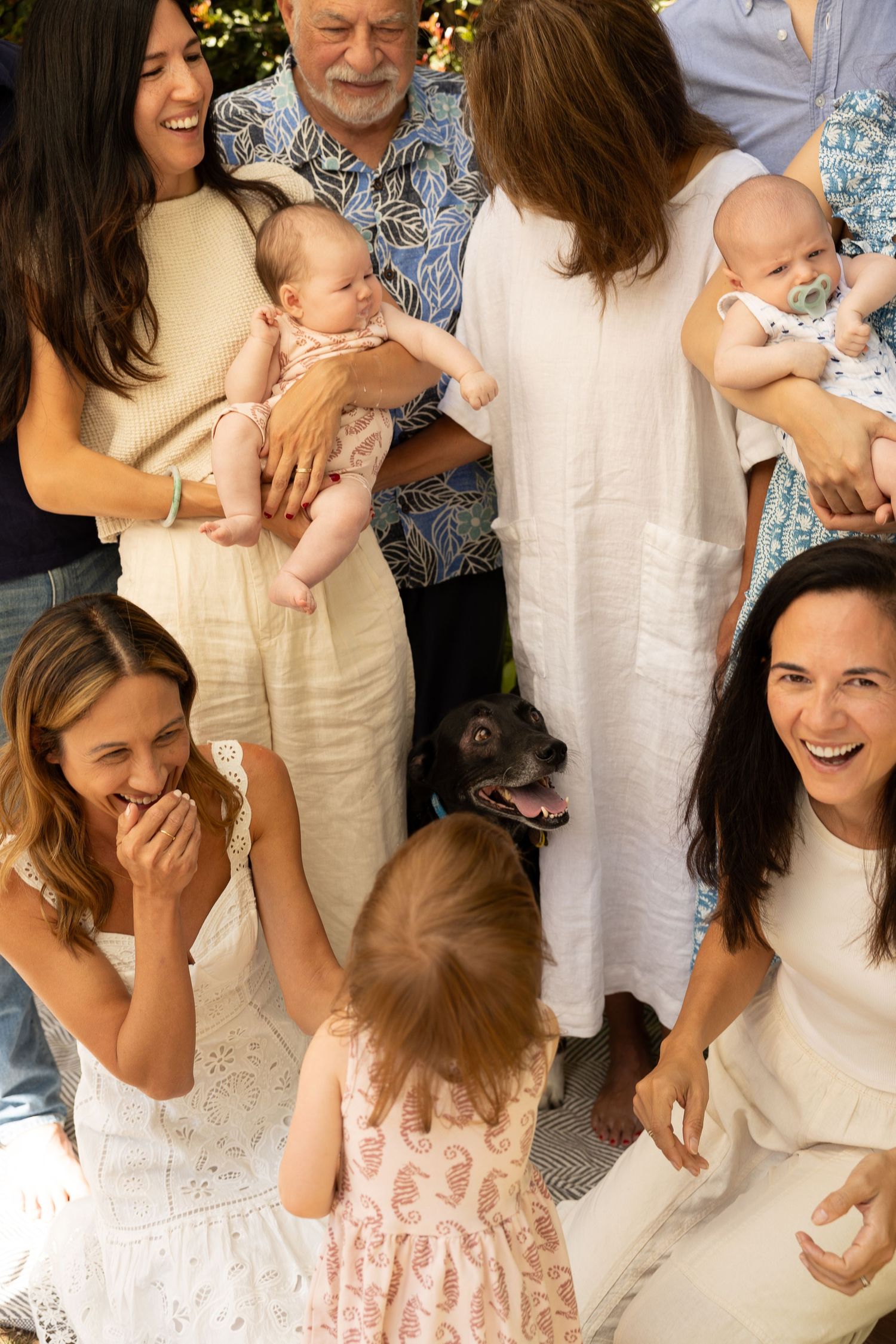 Close-up candid family portrait of several generations laughing and looking at one another while dog peaks through the center of the crowd.