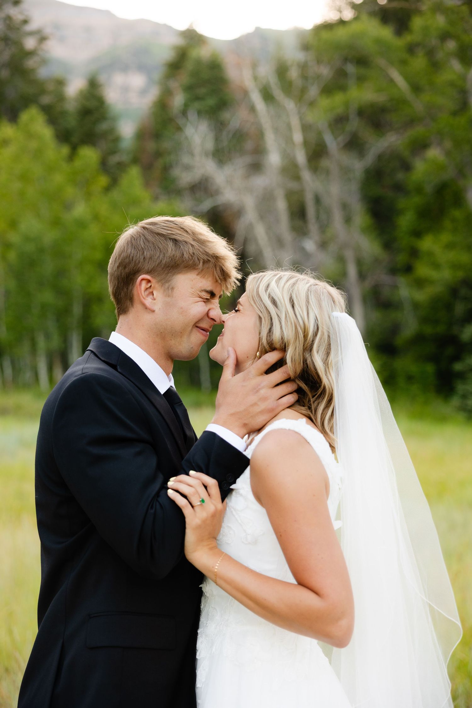 black and white bridals in old car