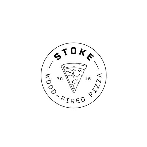 Circular vintage-style logo for Stoke wood-fired pizza featuring a pizza slice illustration.