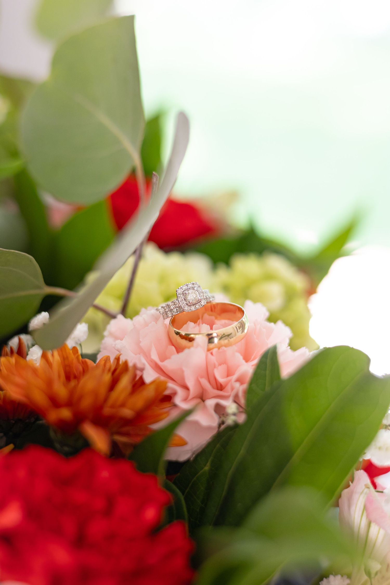 Wedding rings displayed artistically on pink roses and red carnations with green foliage.