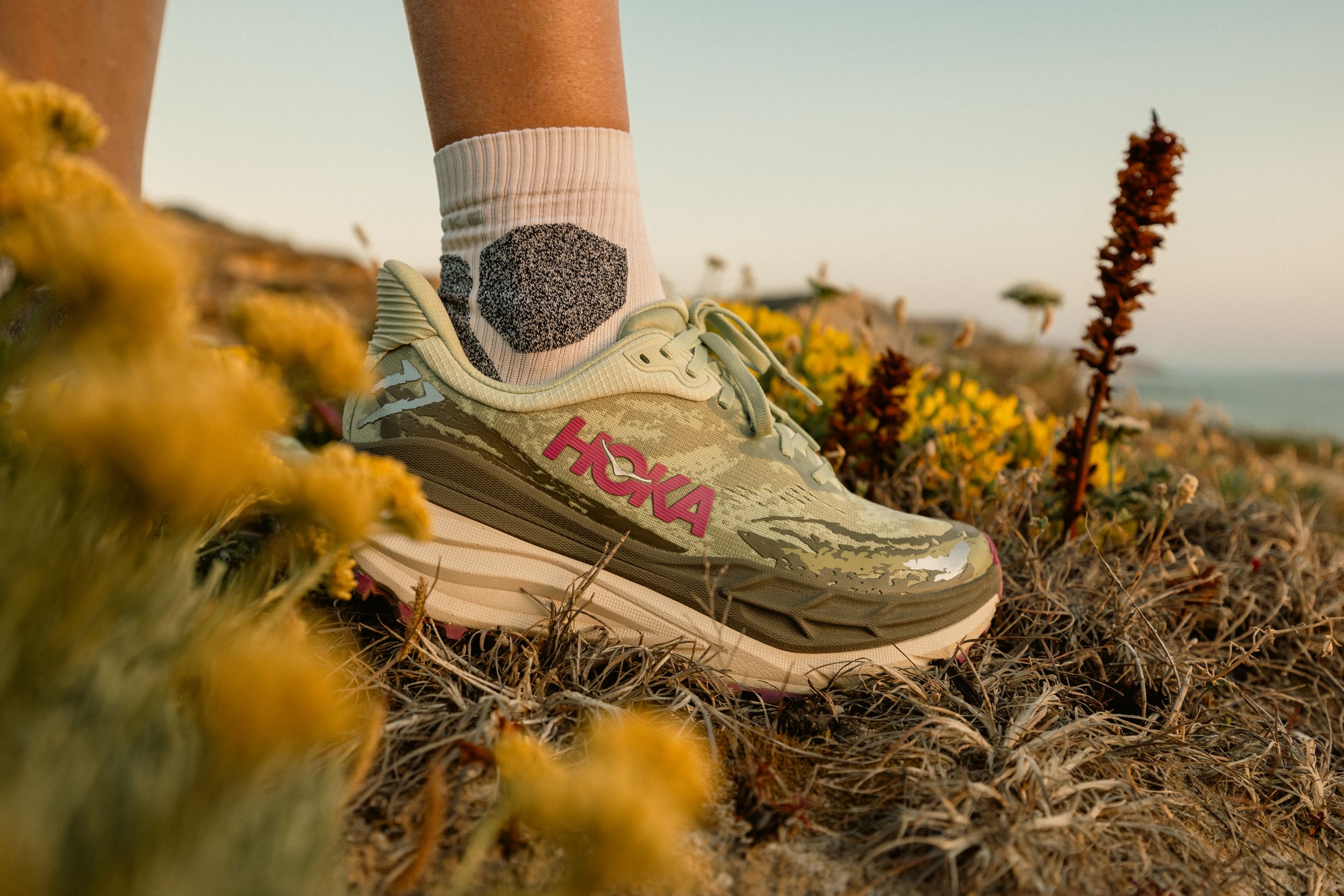 Hoka running shoe among wildflowers on desert trail during golden hour.