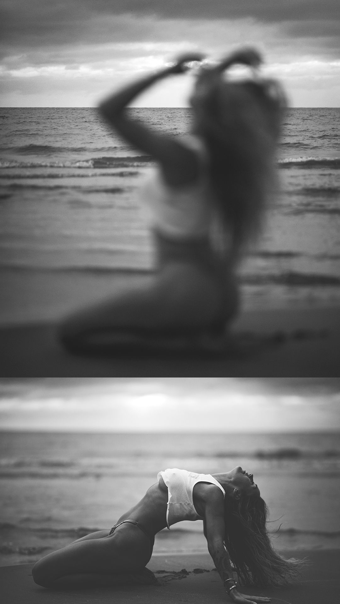 Black and white beach photo collage of a woman posing gracefully on sand with dramatic cloudy sky and ocean backdrop.
