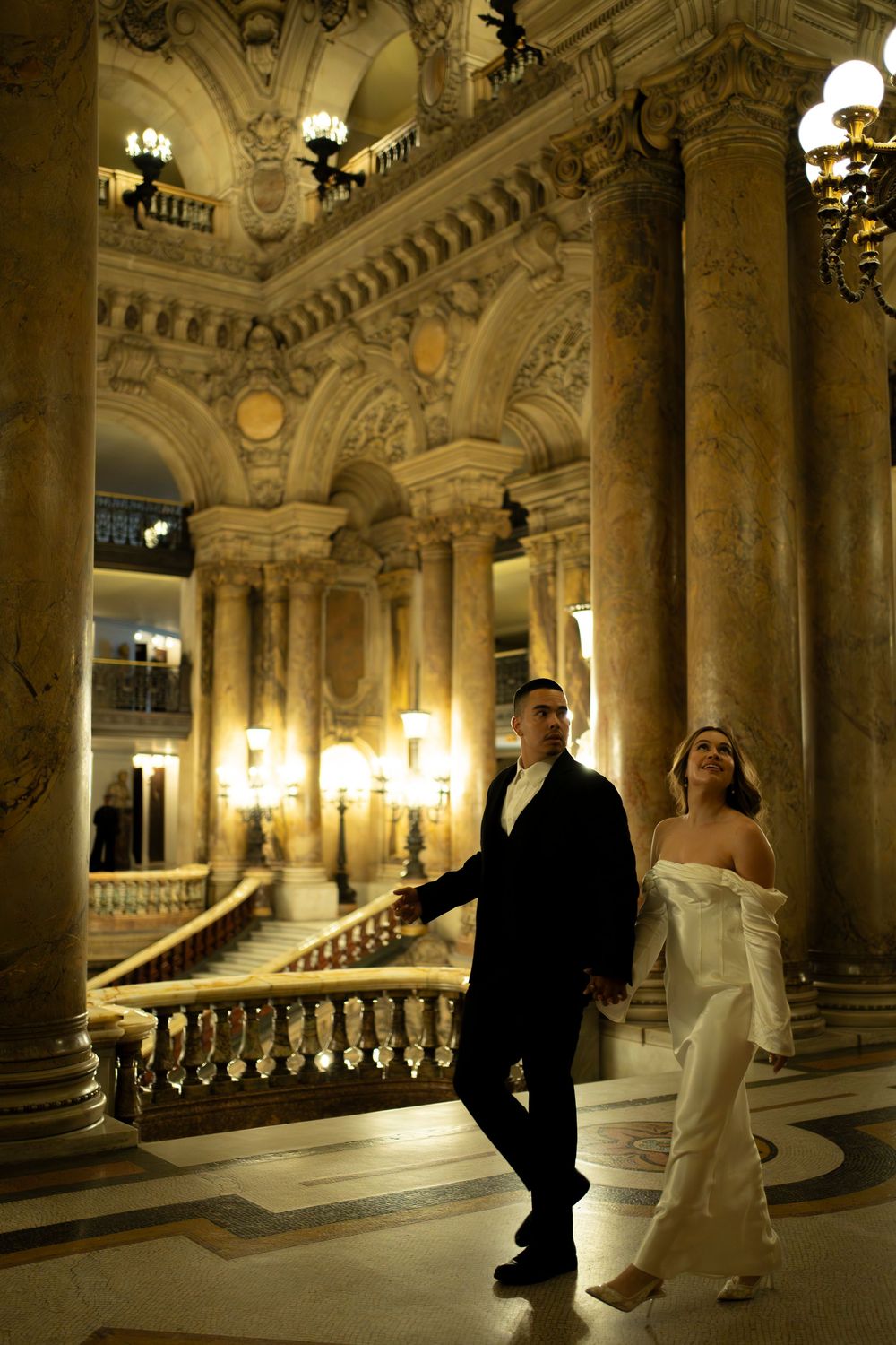 Palais Garnier, Paris opera house engagement photos. Cinematic, editorial paris engagement photos at opera house, marble, chandeliers.