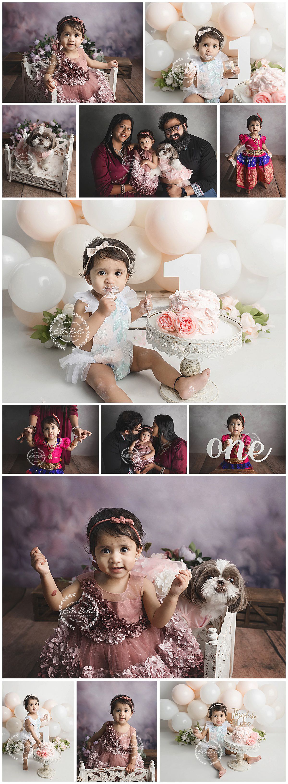 First birthday photo collage featuring pink and white party decor and family portraits.