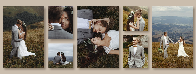 Collection of romantic outdoor wedding photos displayed in a rustic collage.