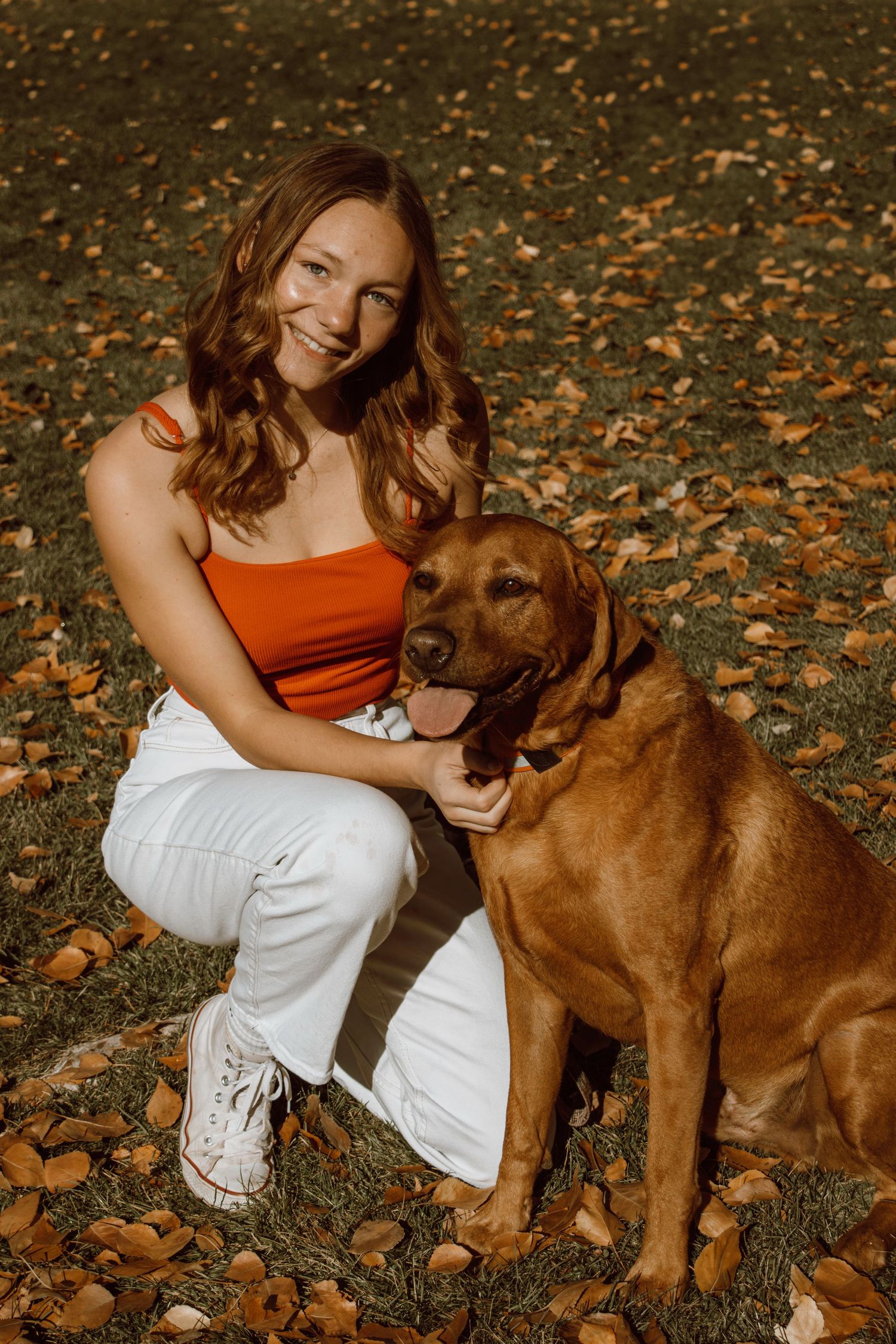 Someone in orange top and white pants sitting with brown Labrador dog on autumn ground.