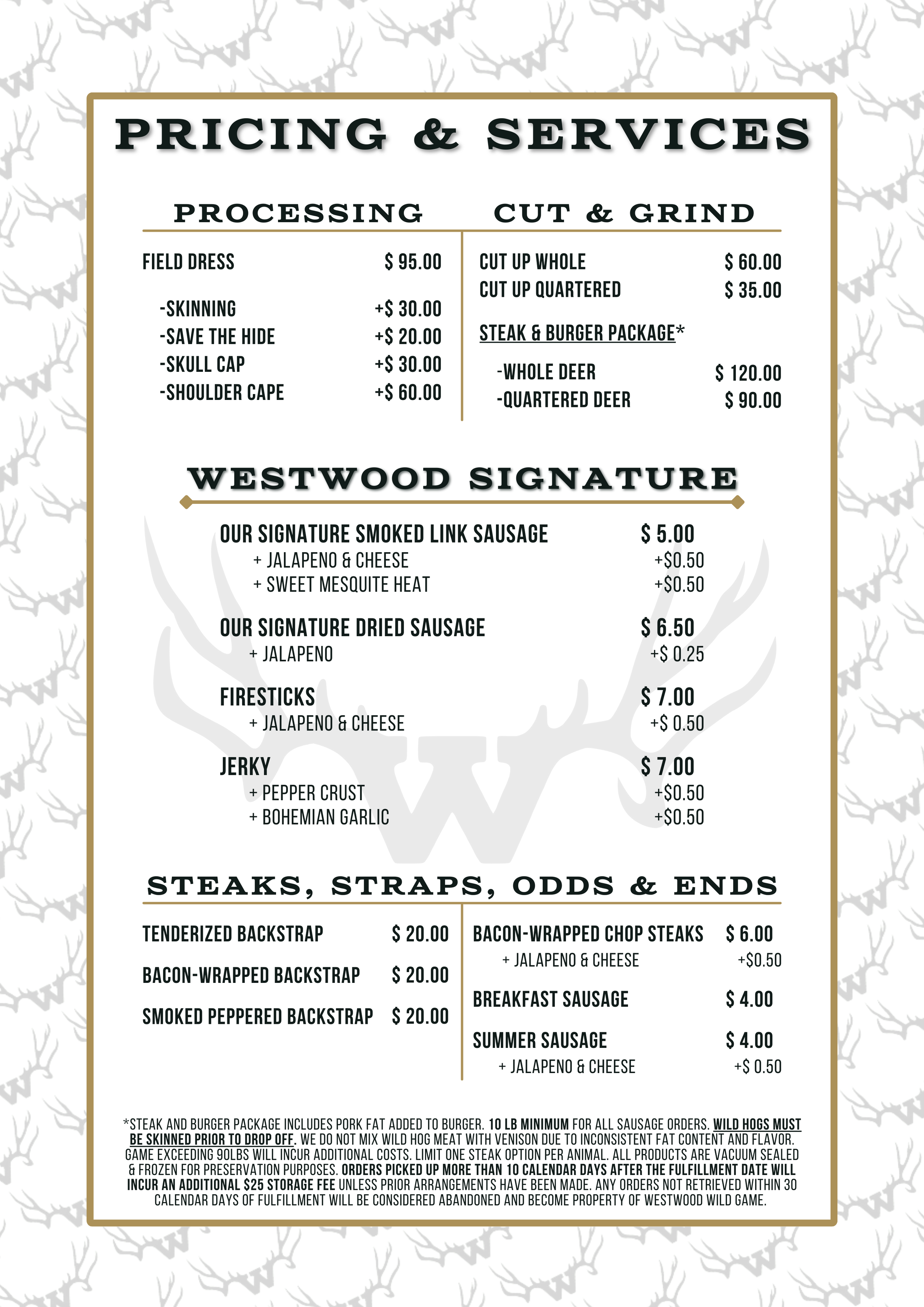 Pricing menu for wild game processing and butcher services.
