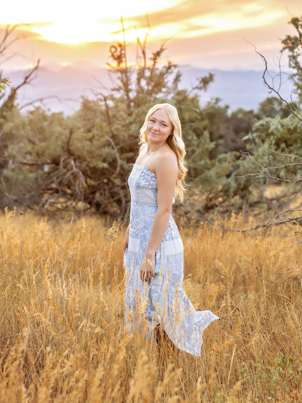 Blonde girl in blue floral maxi dress poses in golden meadow during stunning sunset.