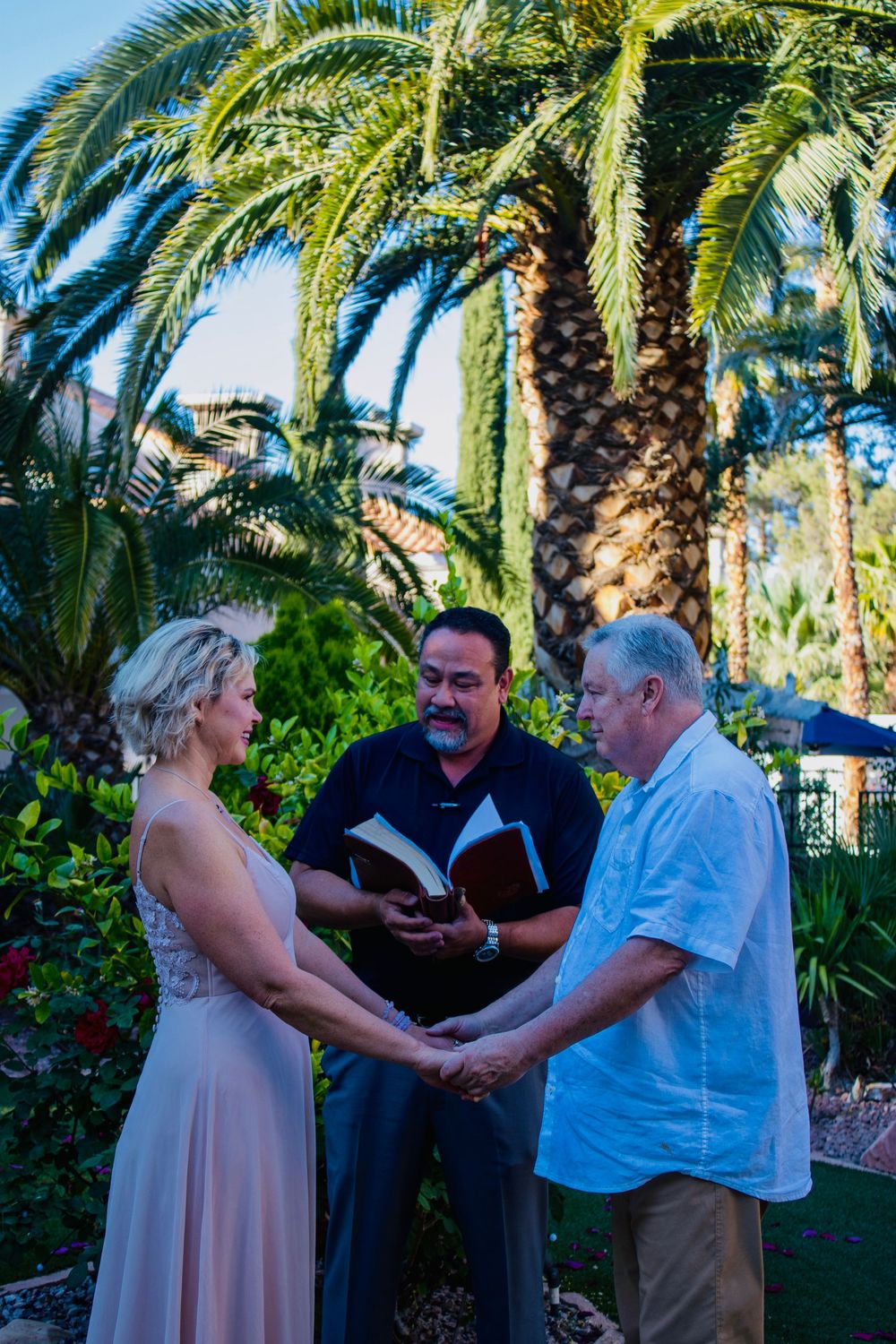 Outdoor wedding ceremony with couple holding hands before officiant, lush palm trees in sunny background.