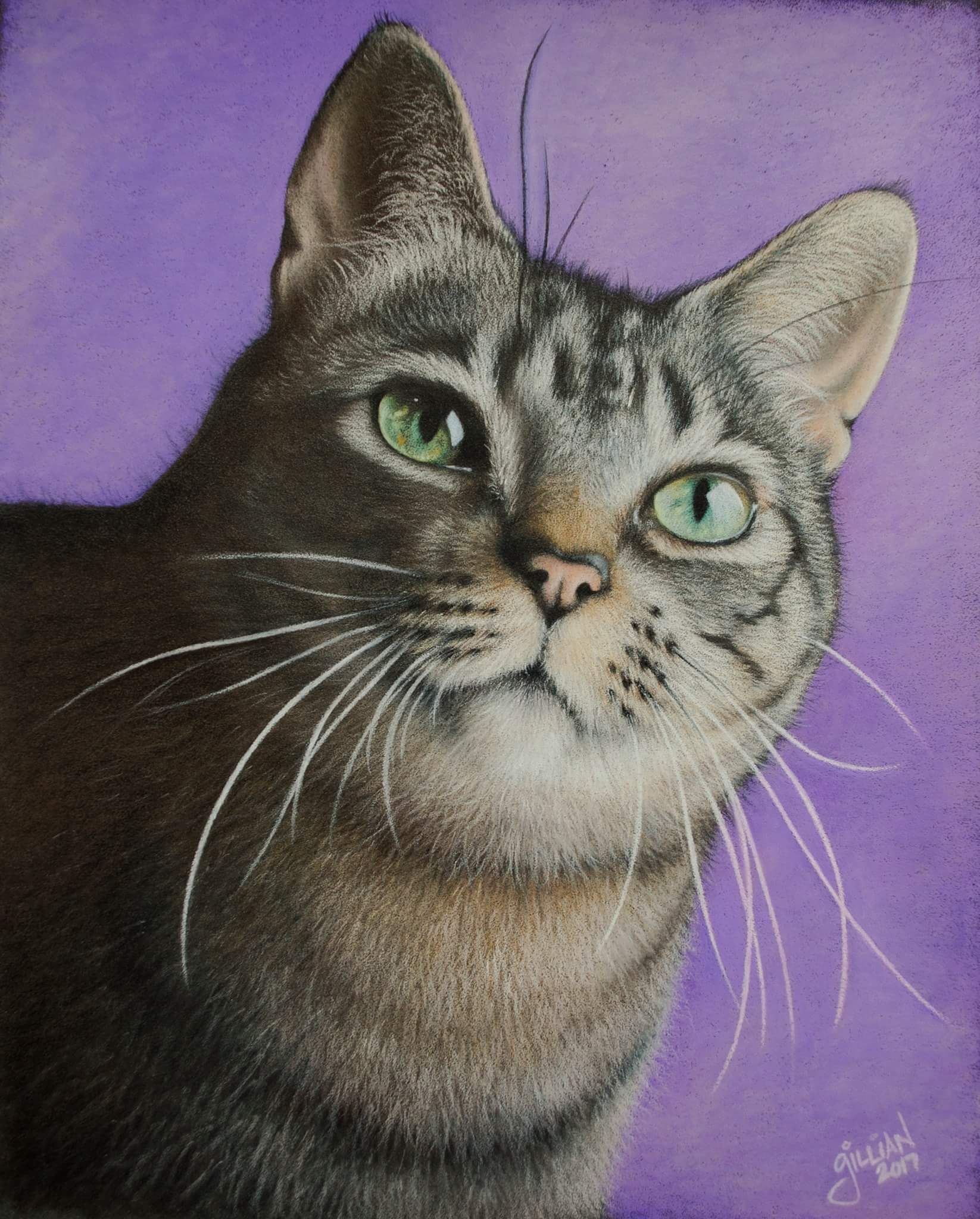 Detailed portrait of a tabby cat with striking green eyes against a purple background.