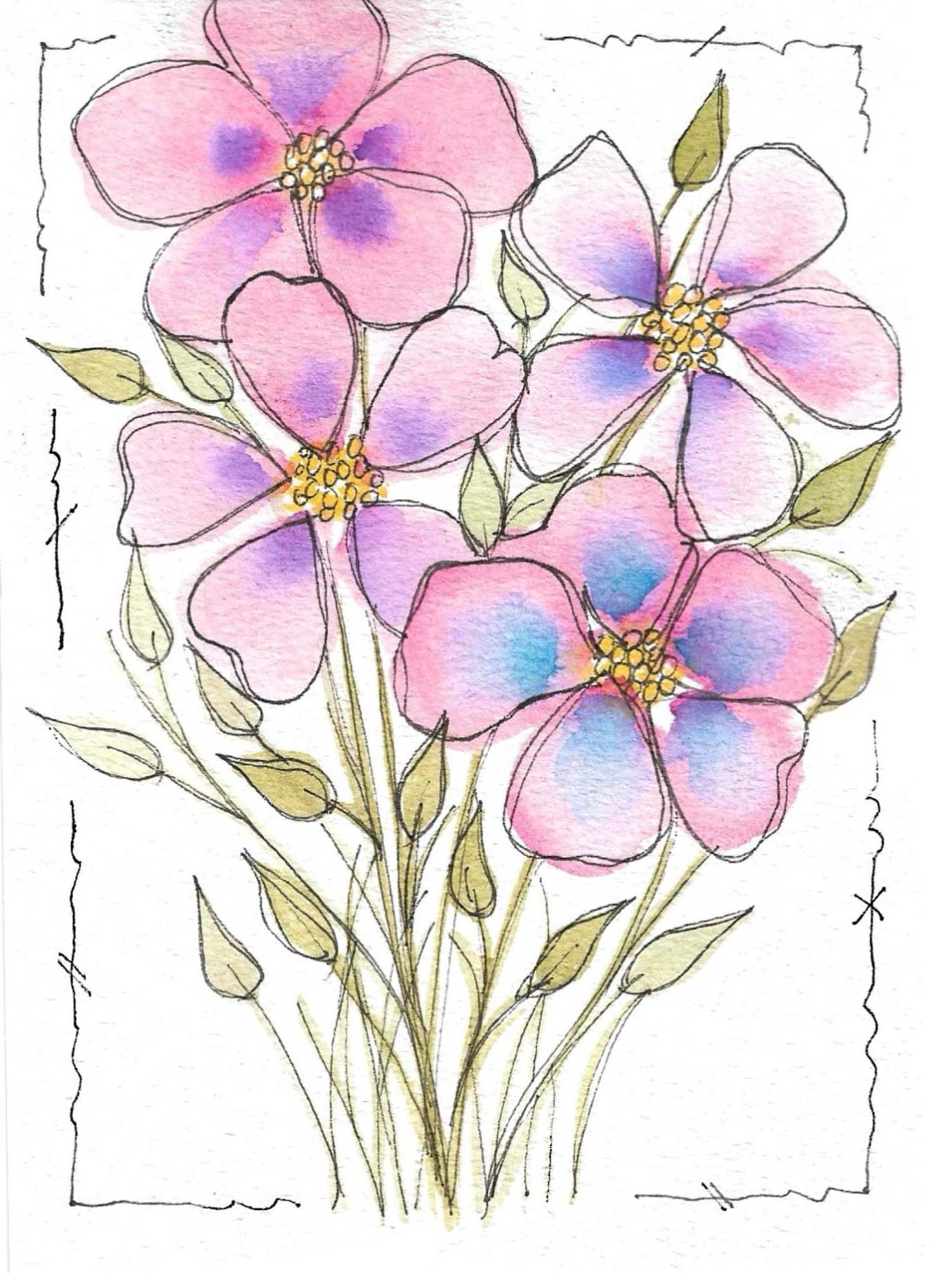 Delicate watercolor painting of pink dogwood flowers with purple accents and yellow centers.