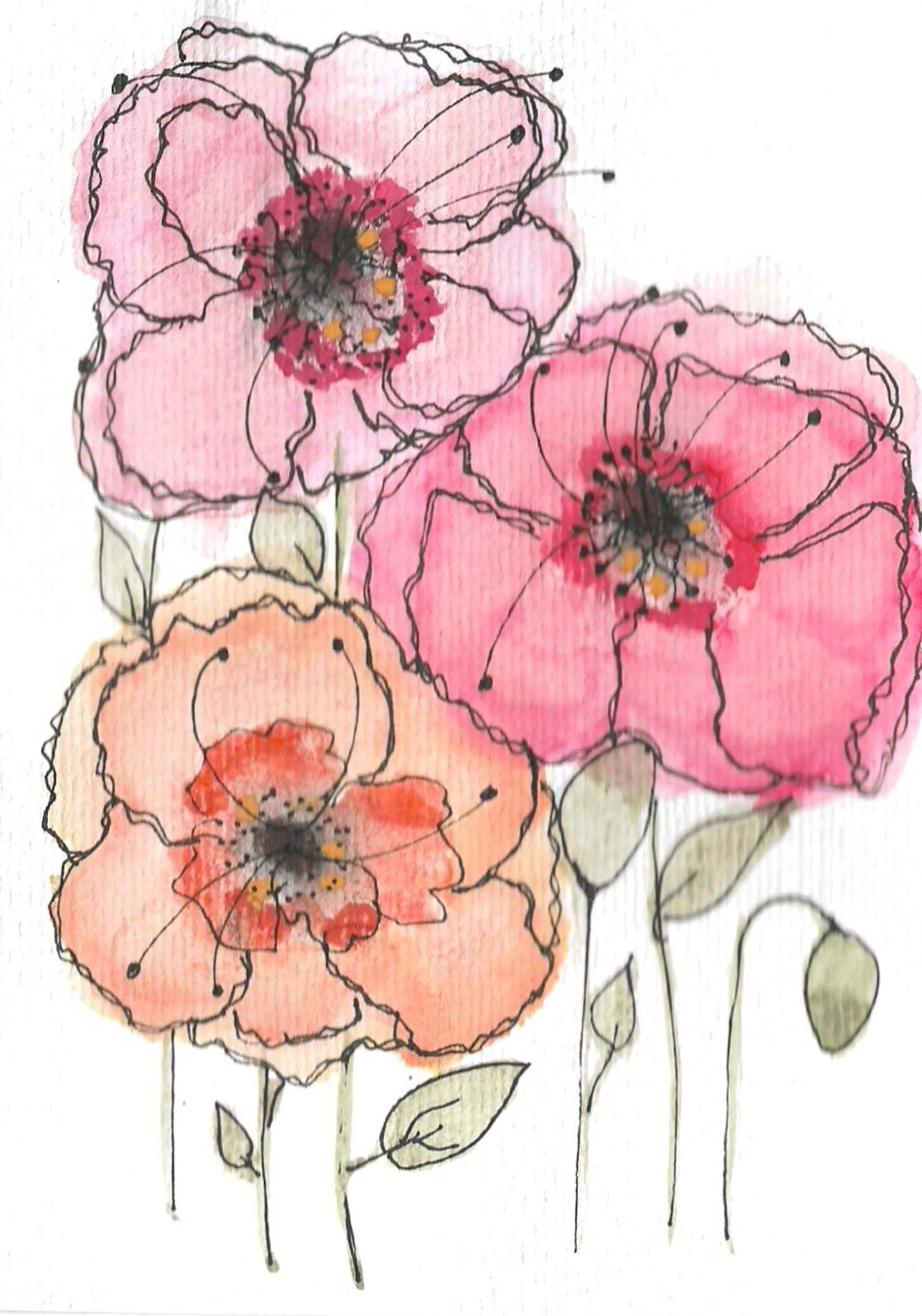 Series of pink and coral watercolor poppies with dark centers arranged in a horizontal line.
