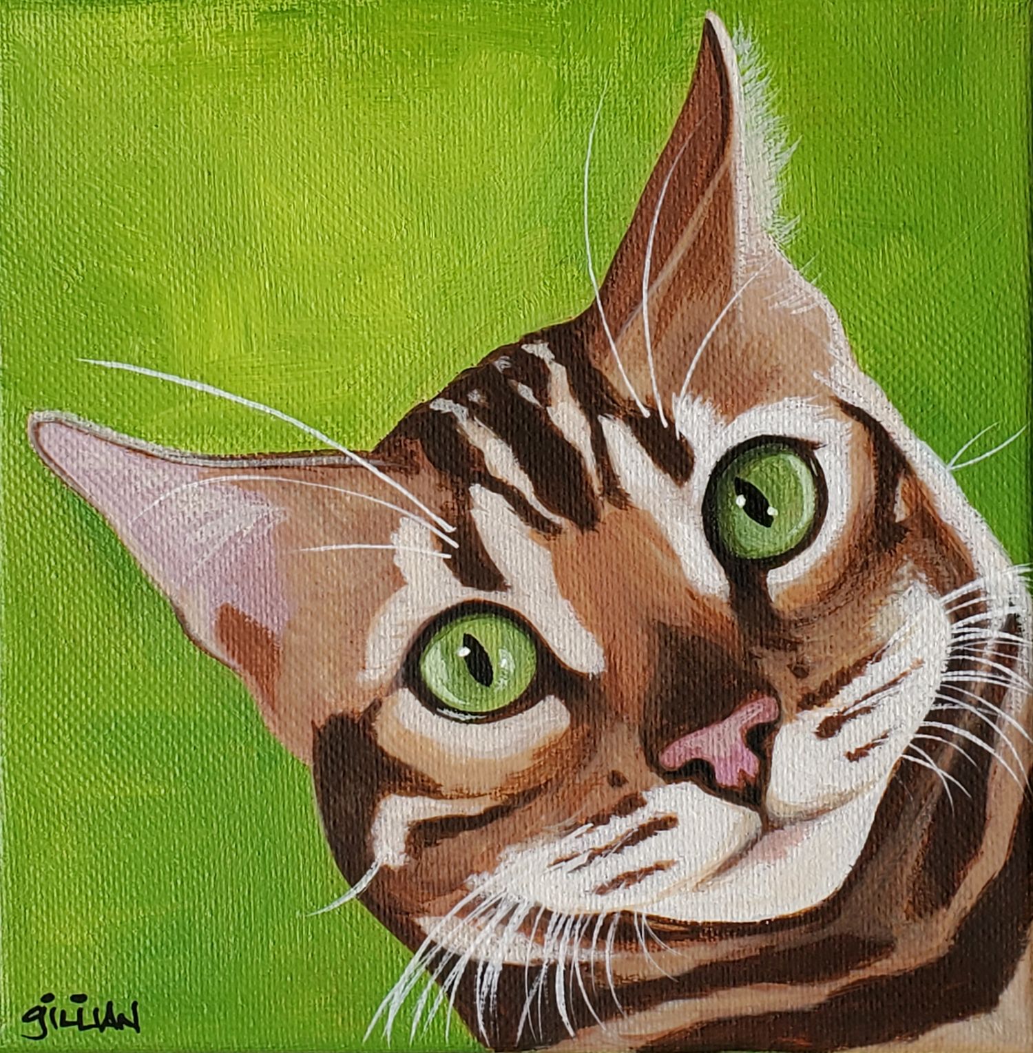 Whimsical painting of tabby cat with bright green eyes on lime green background.