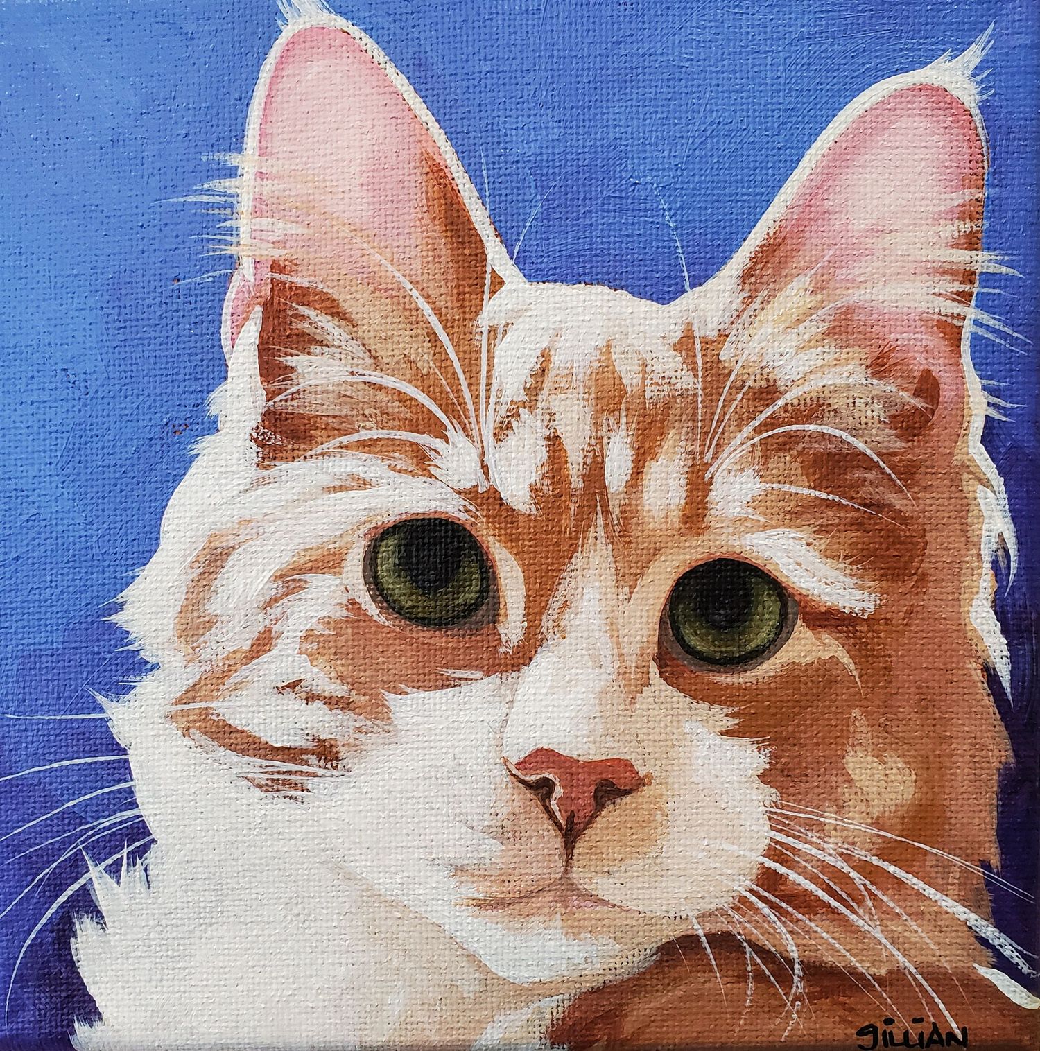 A close-up portrait painting of an orange and white cat with striking green eyes against a blue background.