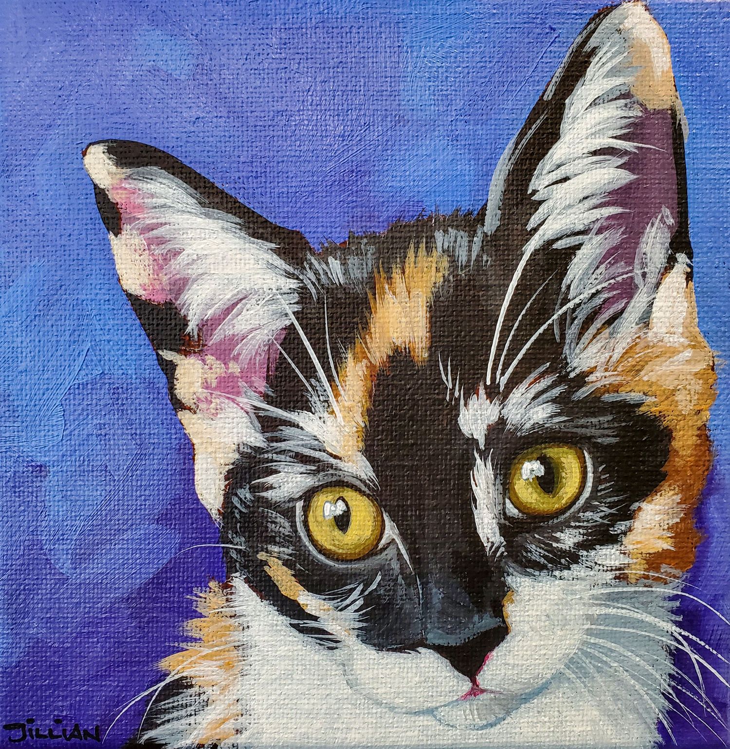 A colorful painting of a calico cat with bright yellow eyes against a purple backdrop.