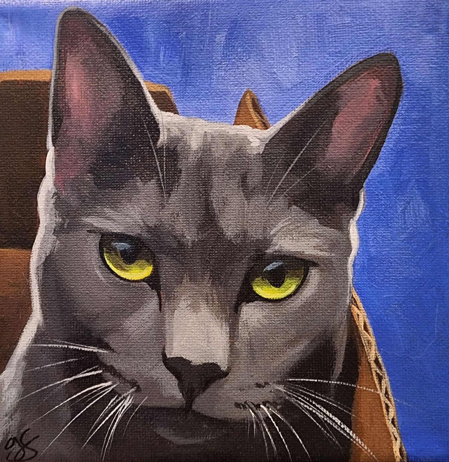 A detailed acrylic painting of a black cat with piercing yellow eyes on a blue background.