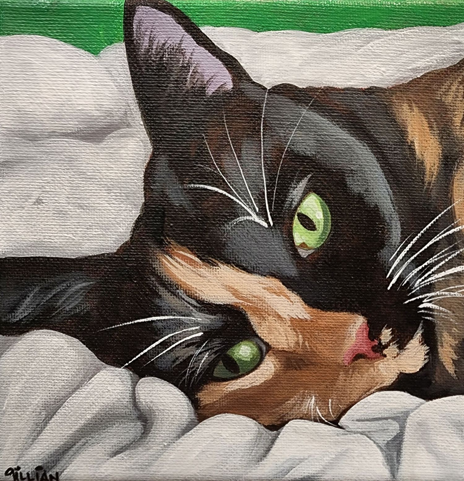An artistic portrait of a black and orange cat with green eyes resting on white bedding.