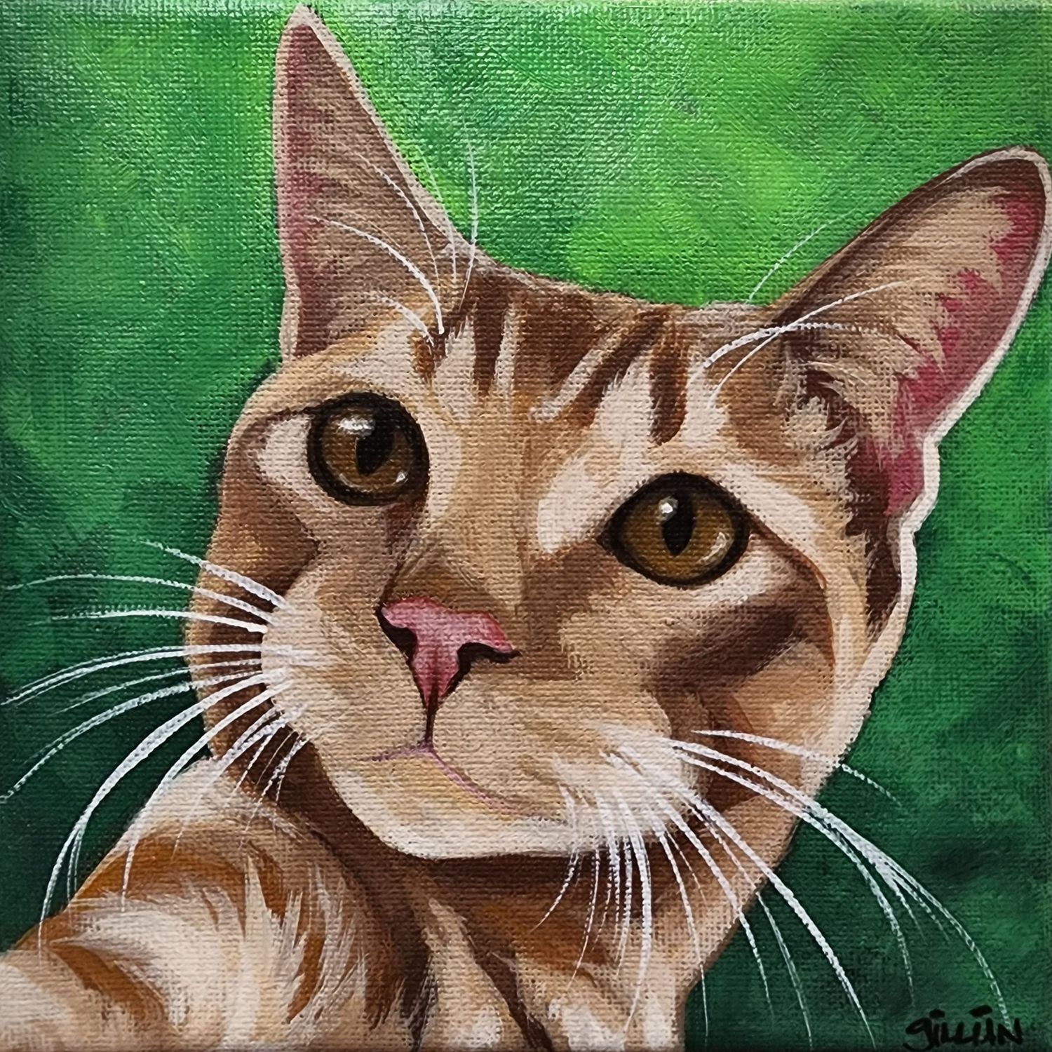 A painted portrait of a tan tabby cat with brown stripes against a vibrant green background.
