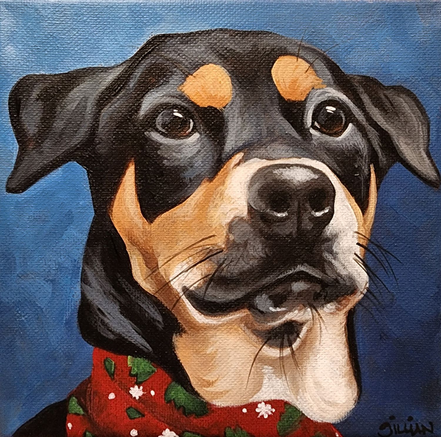 A whimsical painting of a black and tan dog wearing a festive red scarf against blue.