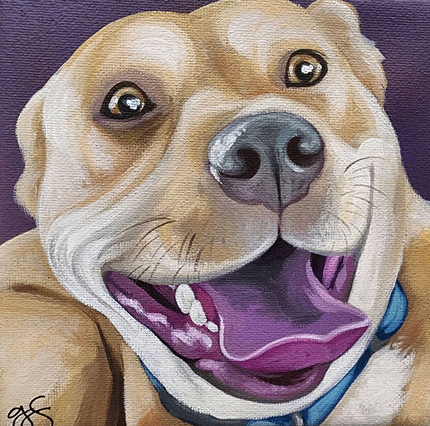 A cheerful painting of a golden dog with a happy expression against a purple background.