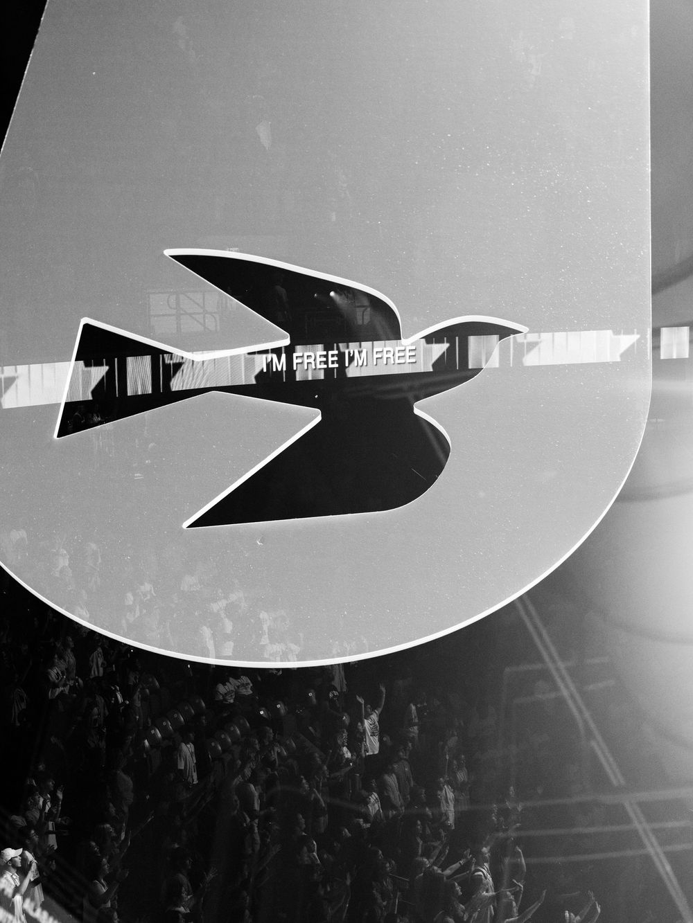 Black and white photo of a bird silhouette with 'I'm Free' text on a circular backdrop.