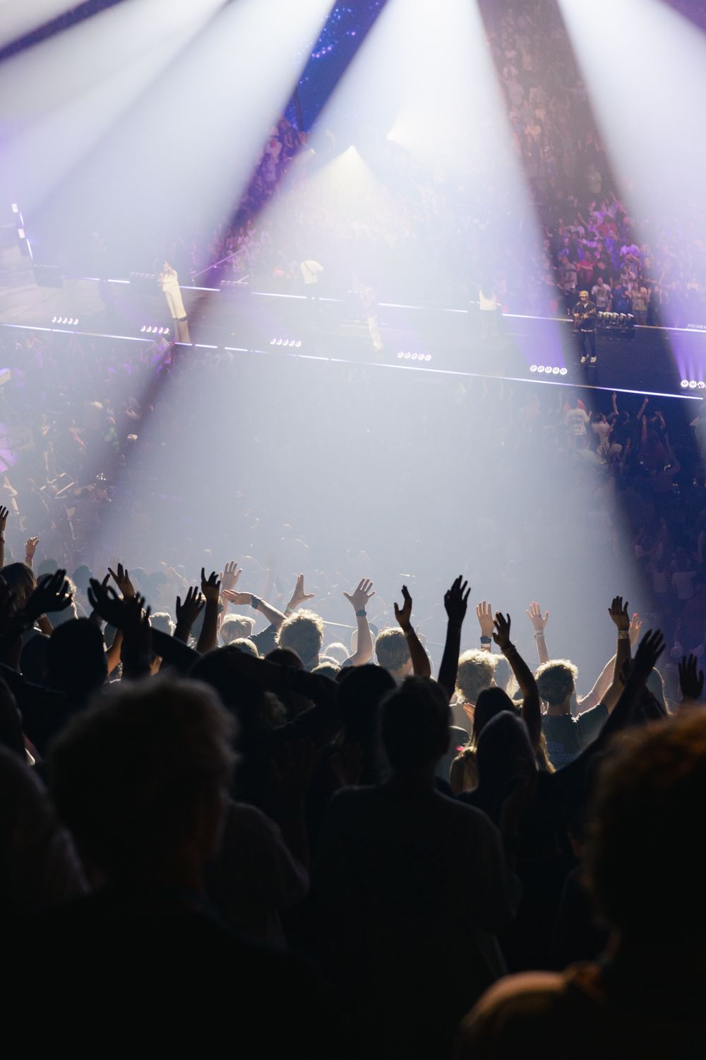 Crowd with raised hands at a live concert with dramatic purple stage lighting and smoke effects.