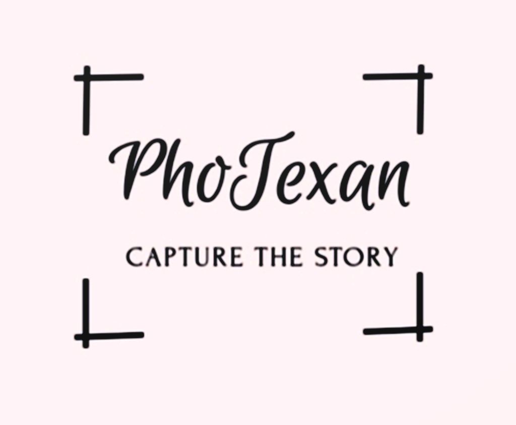 Black logo design for PhoTexan photography featuring text 'Capture the Story' with minimal frame corners on pink background.