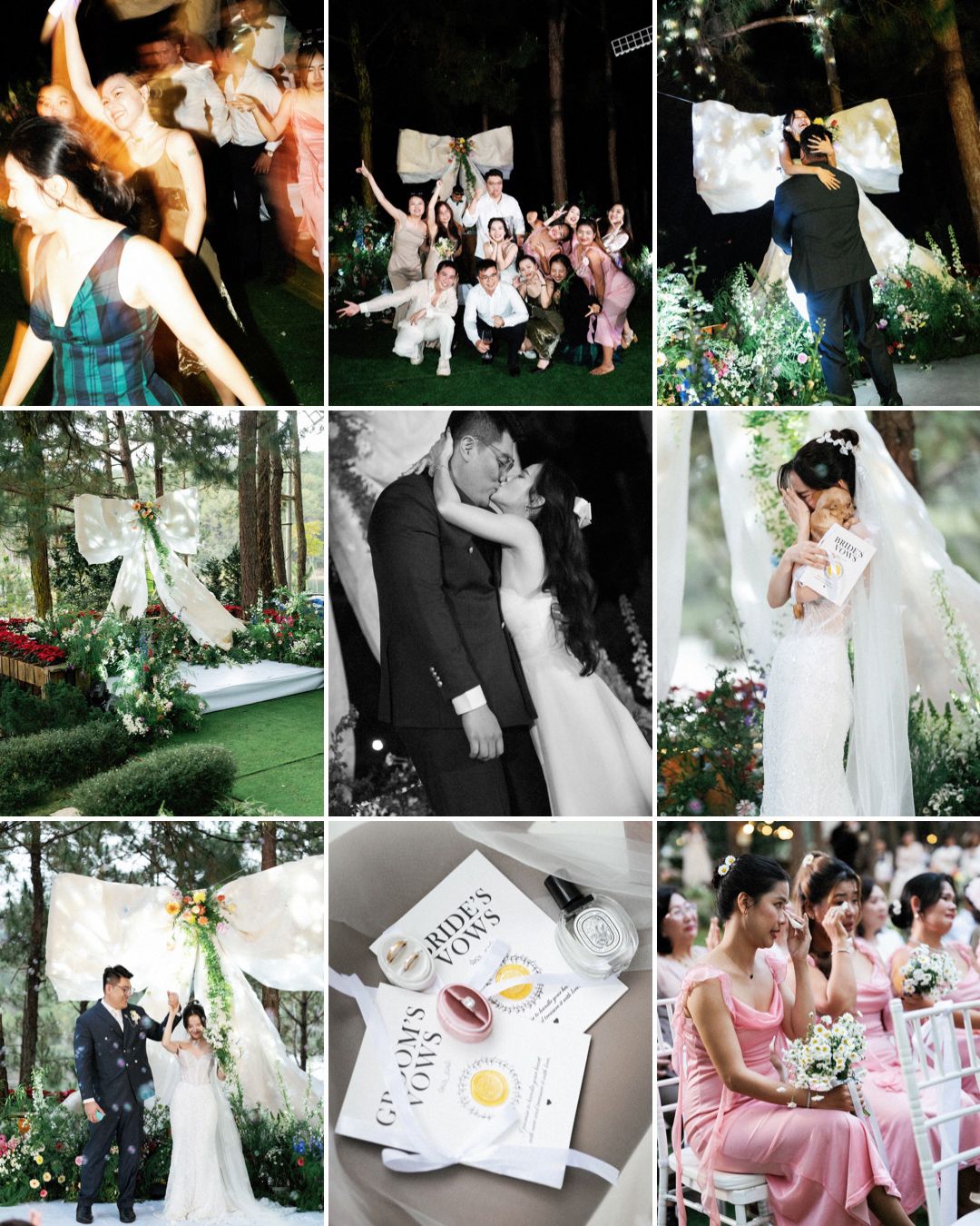 A collage of romantic wedding moments captured outdoors and indoors featuring couples, decor, invitations and bridal party scenes.