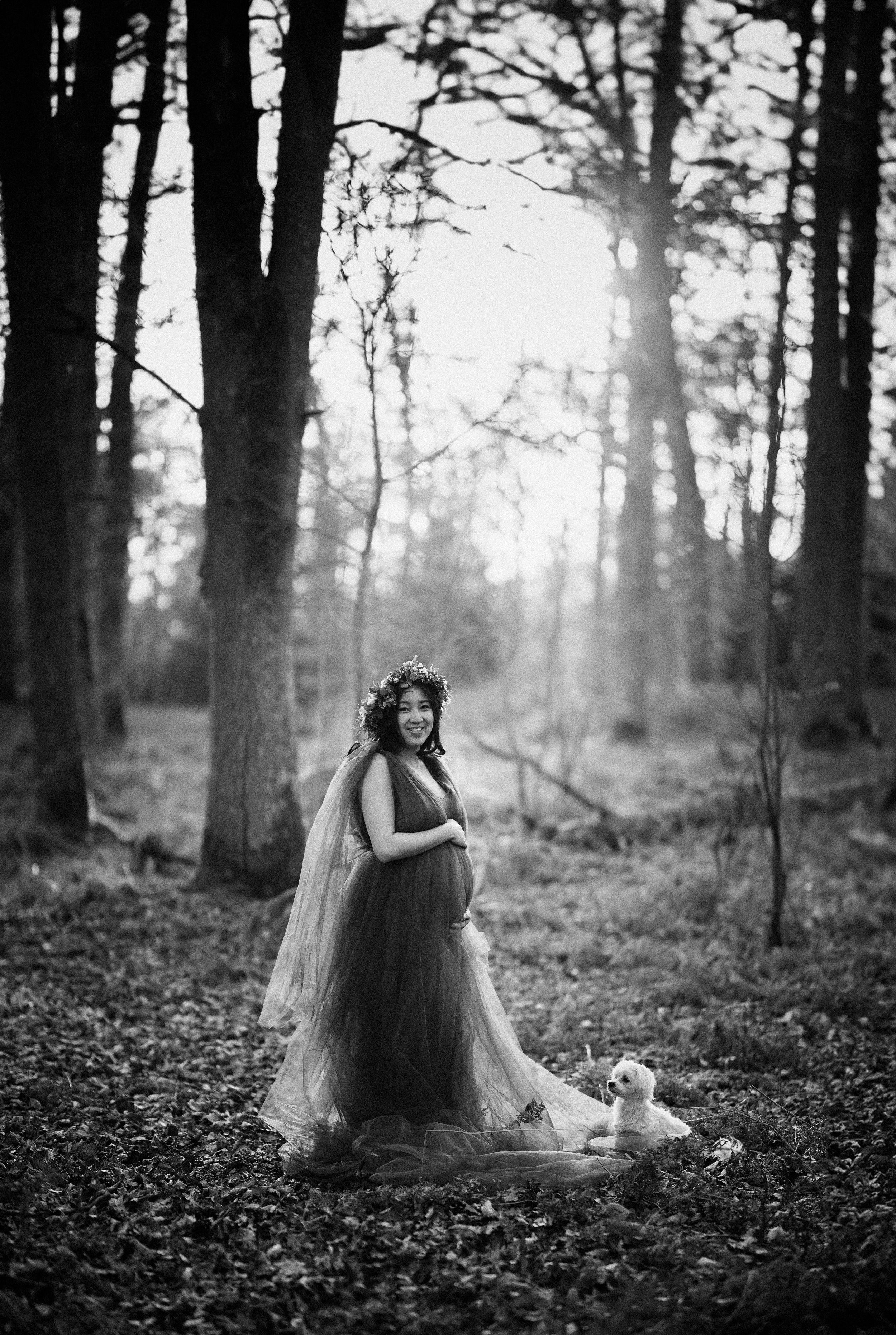 Ethereal black and white woodland scene with a flowing dress and veil against sunlit trees and fallen autumn leaves.