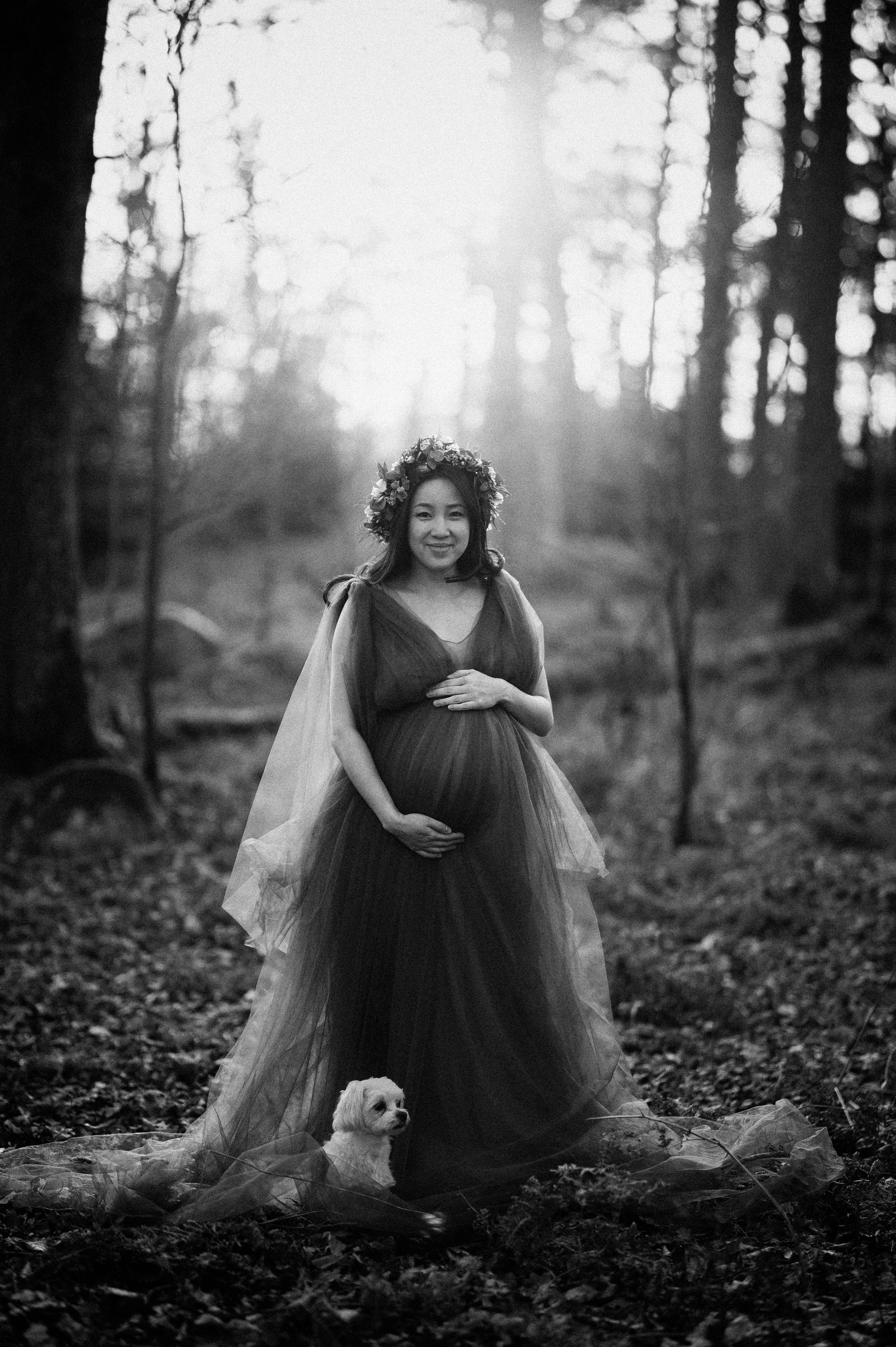 A dreamy maternity photo in a misty forest with a small white dog, captured in black and white.