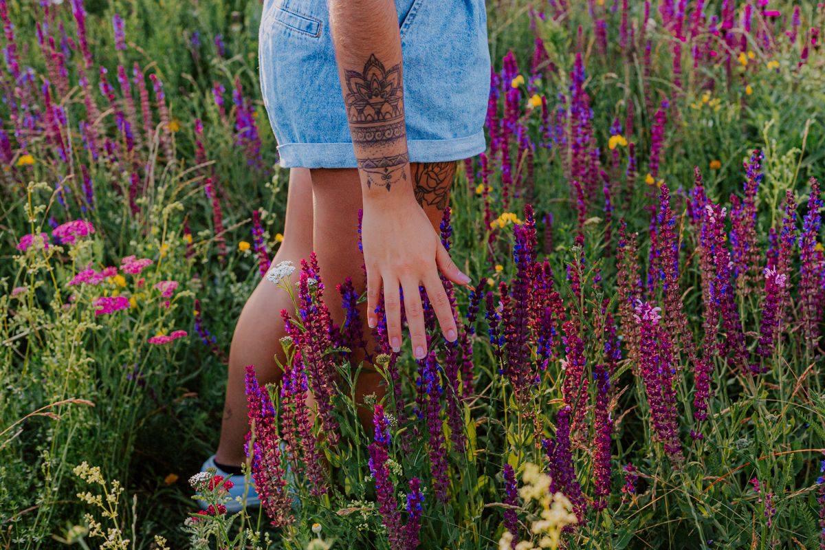 Hand reaching towards purple lupine flowers in summer garden.