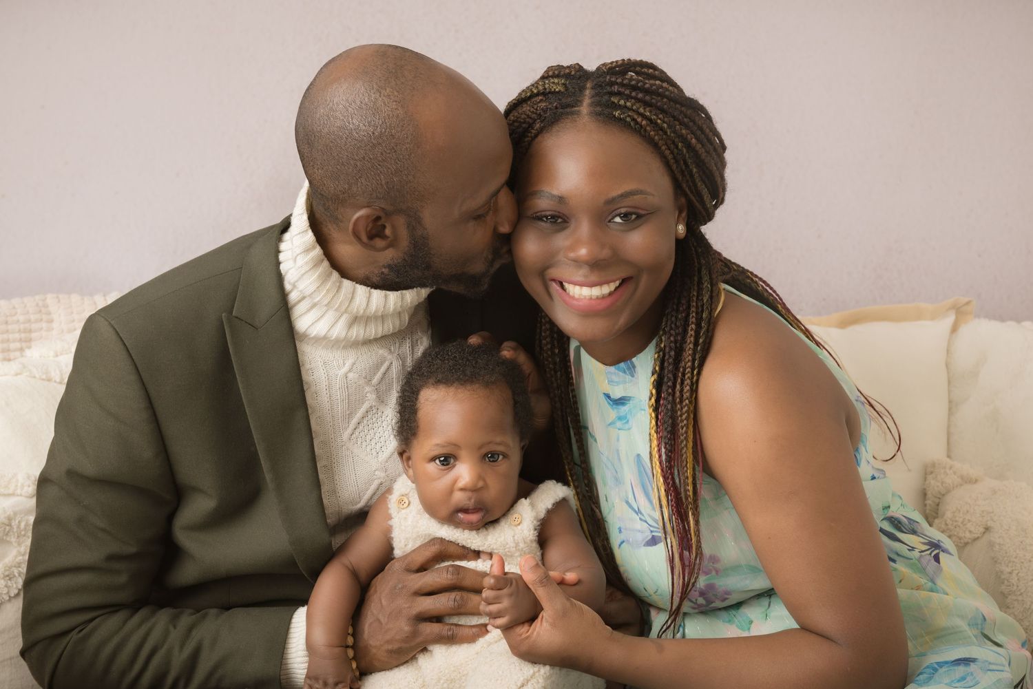 A family shares tender moments together in a series of candid photographs showing affection and joy.