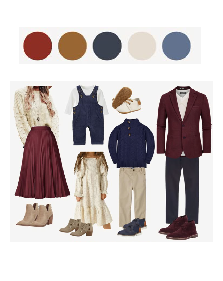 Coordinated beige and light blue family photo outfit ideas with dresses, shirts and khaki pants paired with neutral shoes.