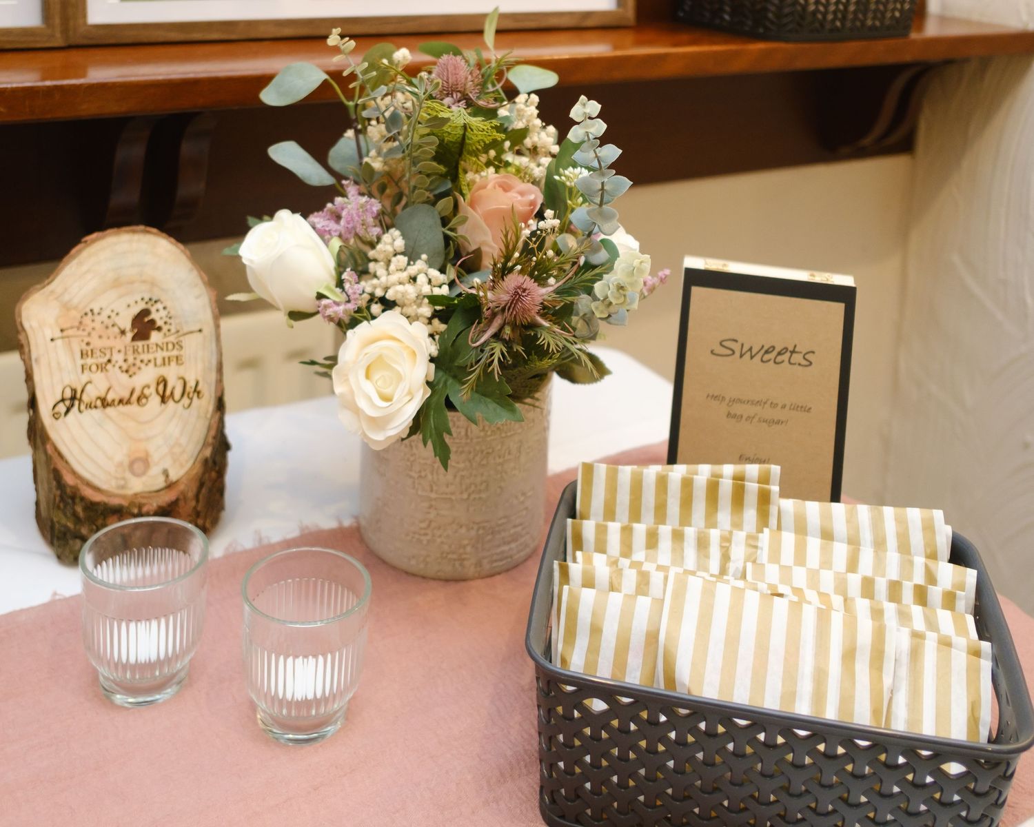 Wedding decorations provided by friends and family for a rustic wedding