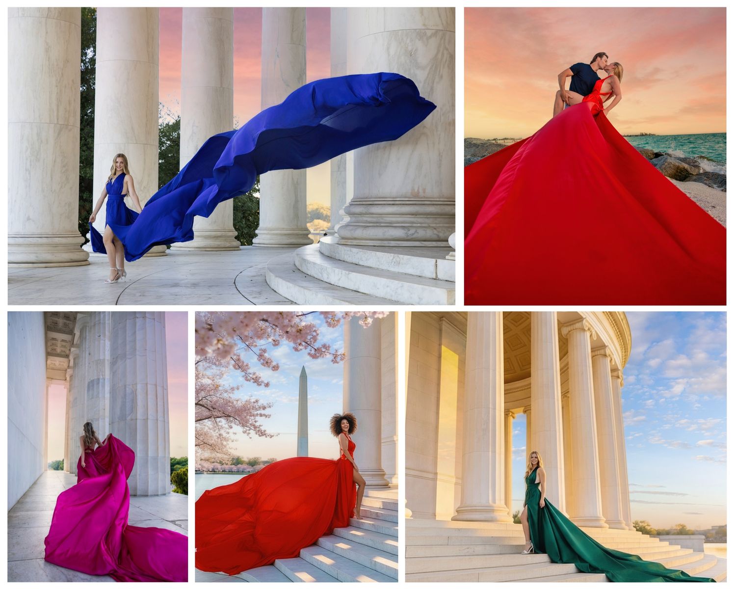 Cherry Blossom Washington DC. A flowing dress Flying Dress Photo in the wind against classical architecture and columns at sunset.