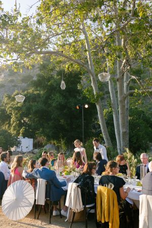 Outdoor wedding reception dinner under trees with hanging decorative lights.