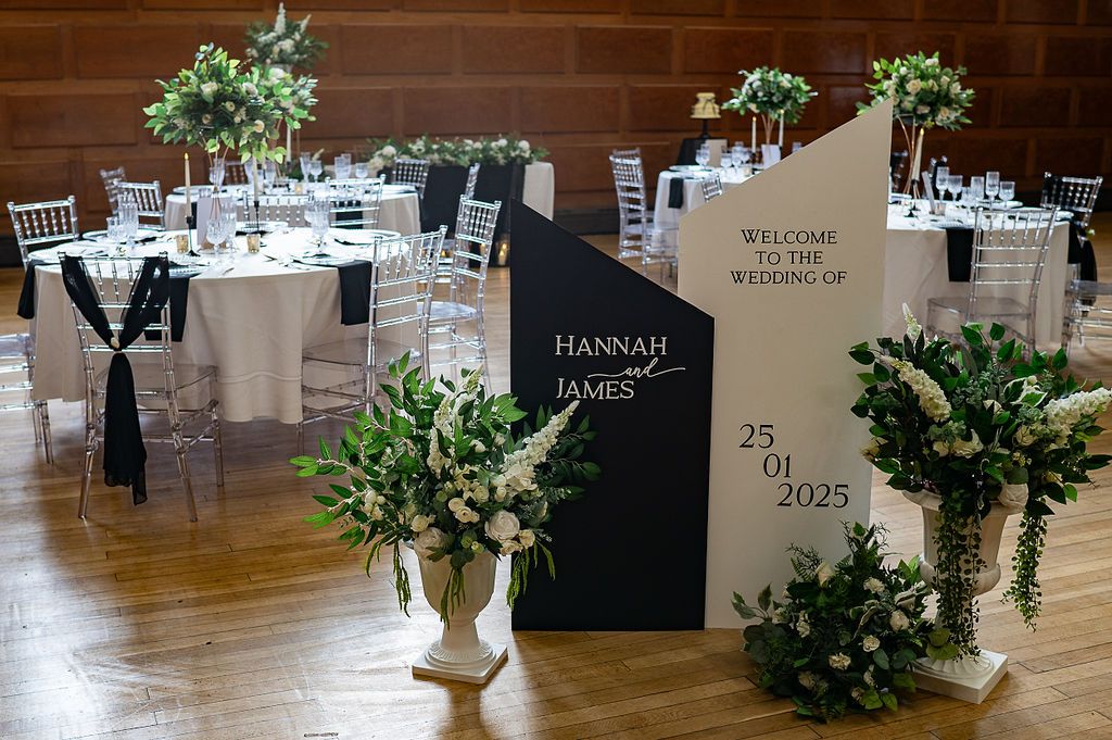 Black and white signage saying 'welcome to the wedding of Hannah & James' shown in front of a reception table set up