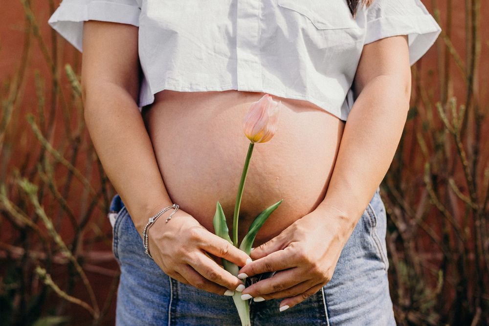 A pregnant belly in a cropped white shirt holds a single yellow flower against a rustic background.