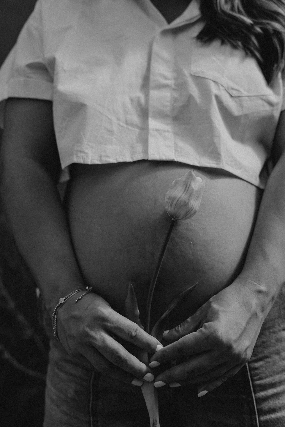 Black and white photo of a pregnant belly with hands holding a flower stem against it.