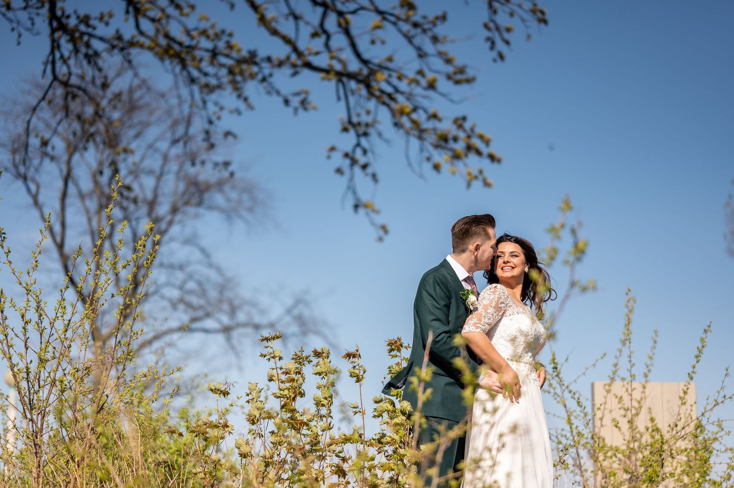 A couple embraces in a romantic outdoor setting with golden sunlight and wildflowers in the background.