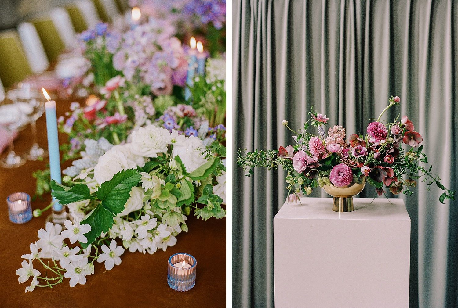Elegant floral arrangements with pink and white blooms paired with blue taper candles and votive holders on display.