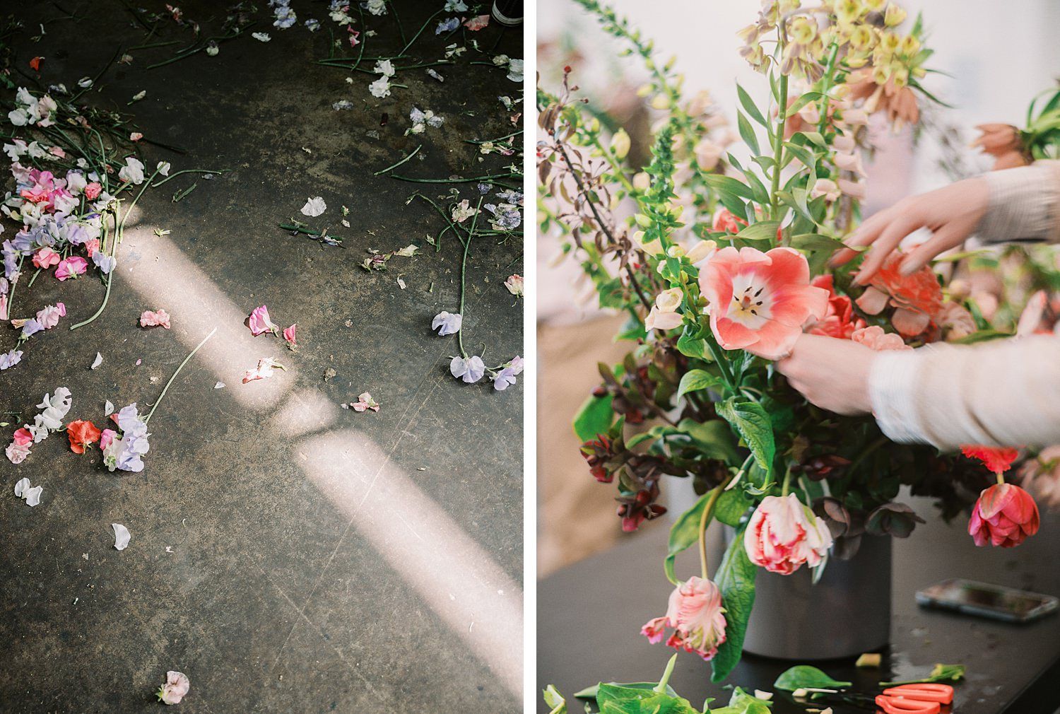 A series of hands arranging delicate pink roses and floral stems into a bouquet on a dark surface.