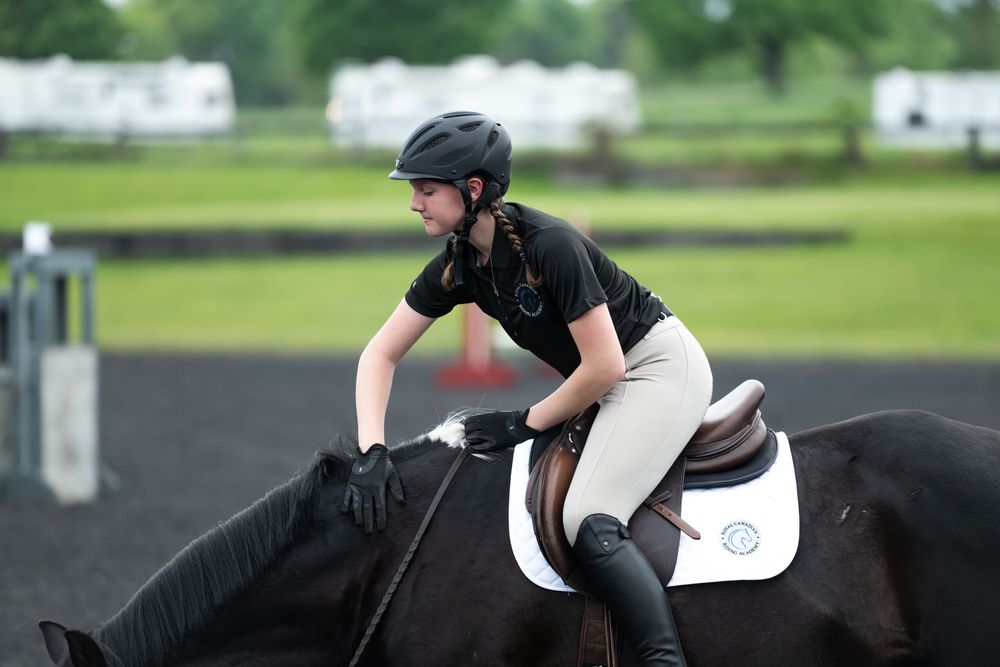 Horse rider performs dressage movements in outdoor arena with green trees in background.