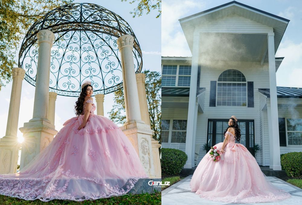 Girl in pink quinceañera gown poses under iron gazebo and before elegant white mansion.